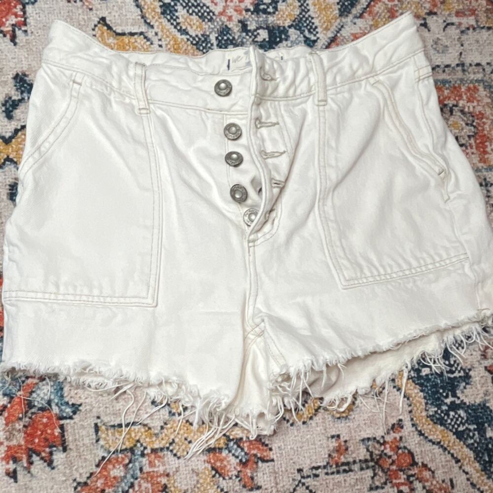 We The Free People White Denim Cutoff Shorts Cinch Buckle Back Button Fly 26